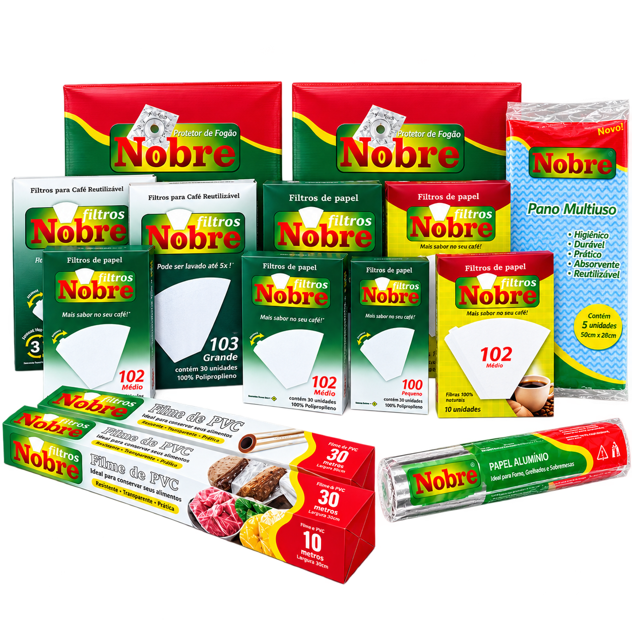 Exposição da linha de produtos Nobre: filtros de café, protetor de fogão, pano multiuso, filme PVC e papel alumínio